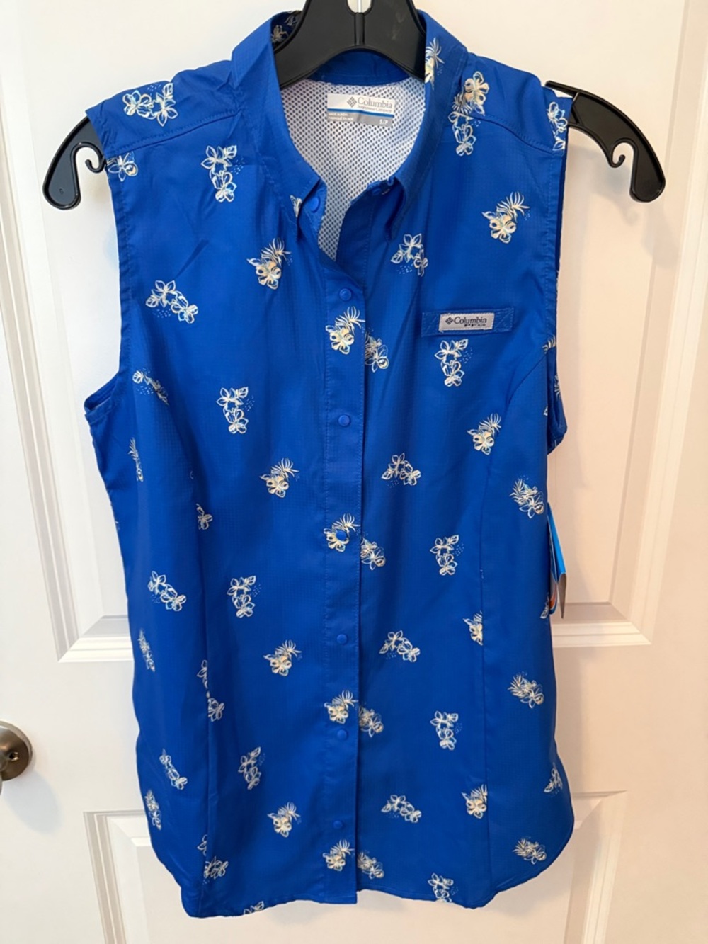 Columbia PFG Royal Blue Sleeveless Floral Snap-Front Shirt
